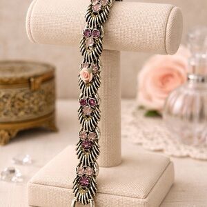 006 Vintage Coro Rhinestone Bracelet – Pink & Burgundy Floral  – Repaired Rose